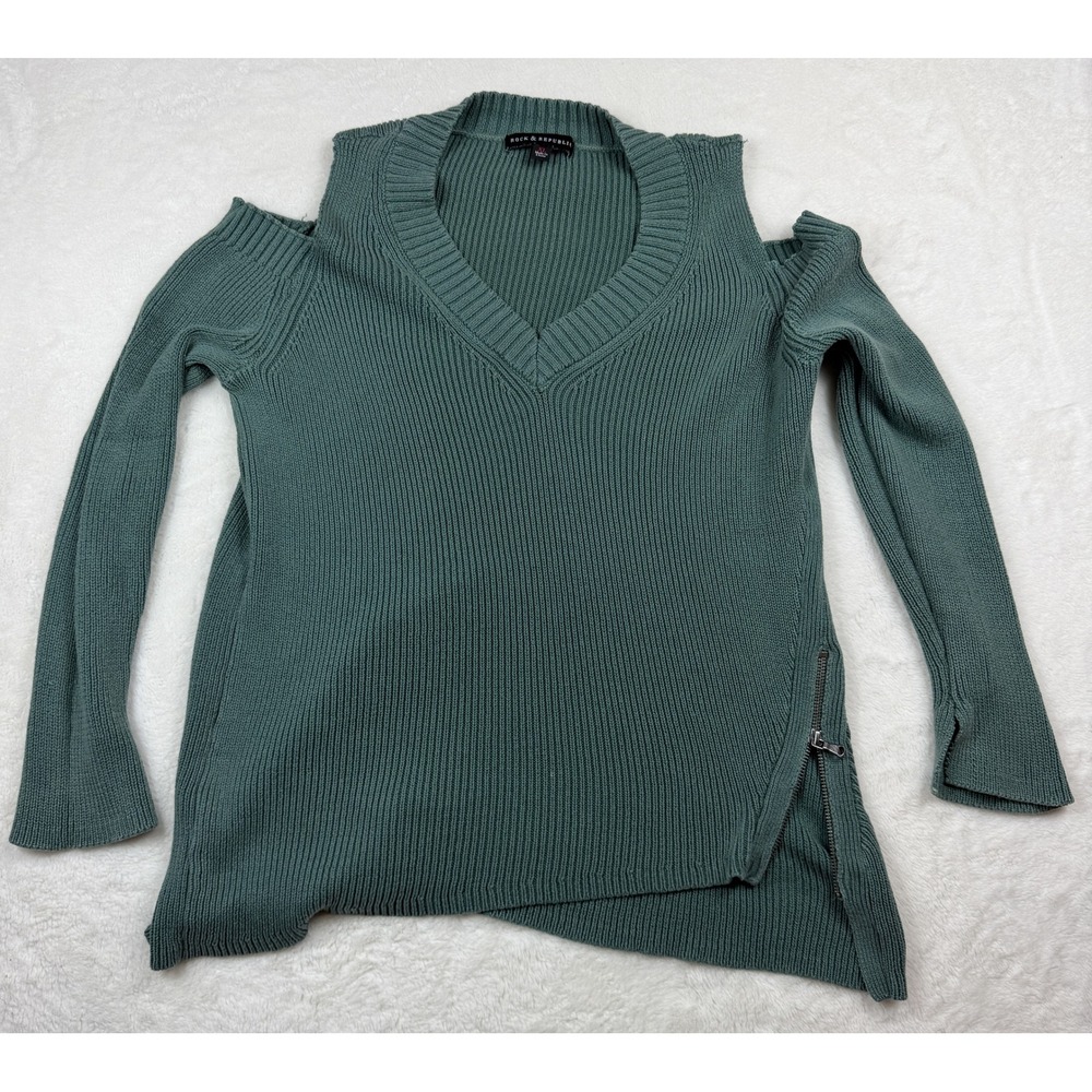 Rock & Republic Green Cold Shoulder Ribbed V-Neck Sweater Side Zip XL